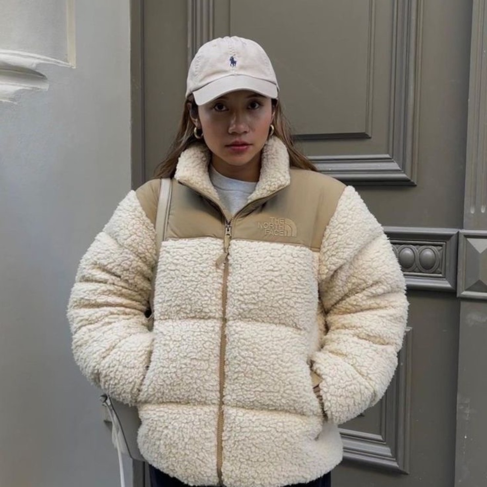 The North Face Cream and Tan High Pile Nuptse Shearling Sherpa Puffer Jacket
